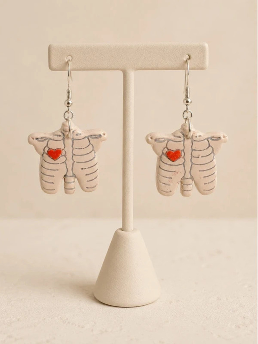 Anatomical Rib Cage Earrings Handmade Polymer Clay Skeleton Heart Earrings